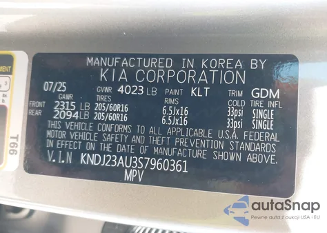 2025 Kia Soul Lx/S из США, поврежденный, VIN KNDJ23AU3S7960361